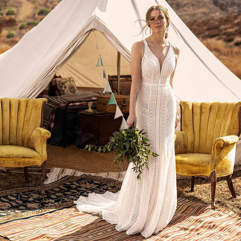 Mermaid Boho Bohemian Wedding Dress Deep V Neck Tank Open Back vintage crochet Lace pastrol country Bridal Gown Abito da sposa