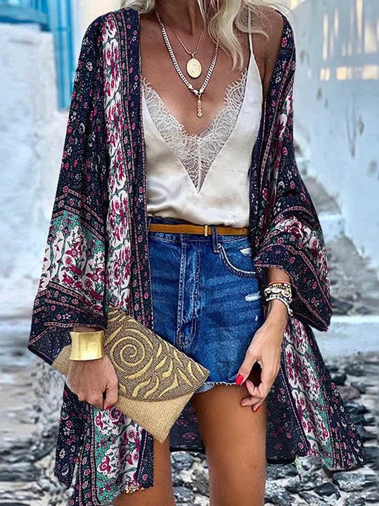 ZANZEA Women Summer Open Front Long Sleeve Blouse Kimono Bohemian Floral Printed Cardigan Vintage Blusas Casual Loose Beach Tops 220810