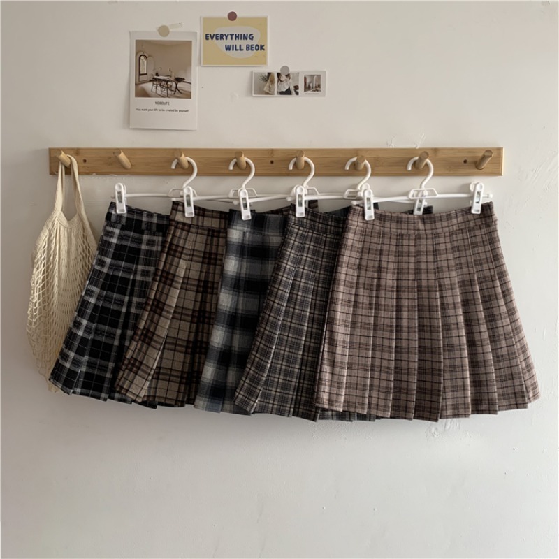 Korean Style Plaid Pleated Skirt Female Spring and Autumn High Waist Thin A-line Short Student Woolen Summer 220317