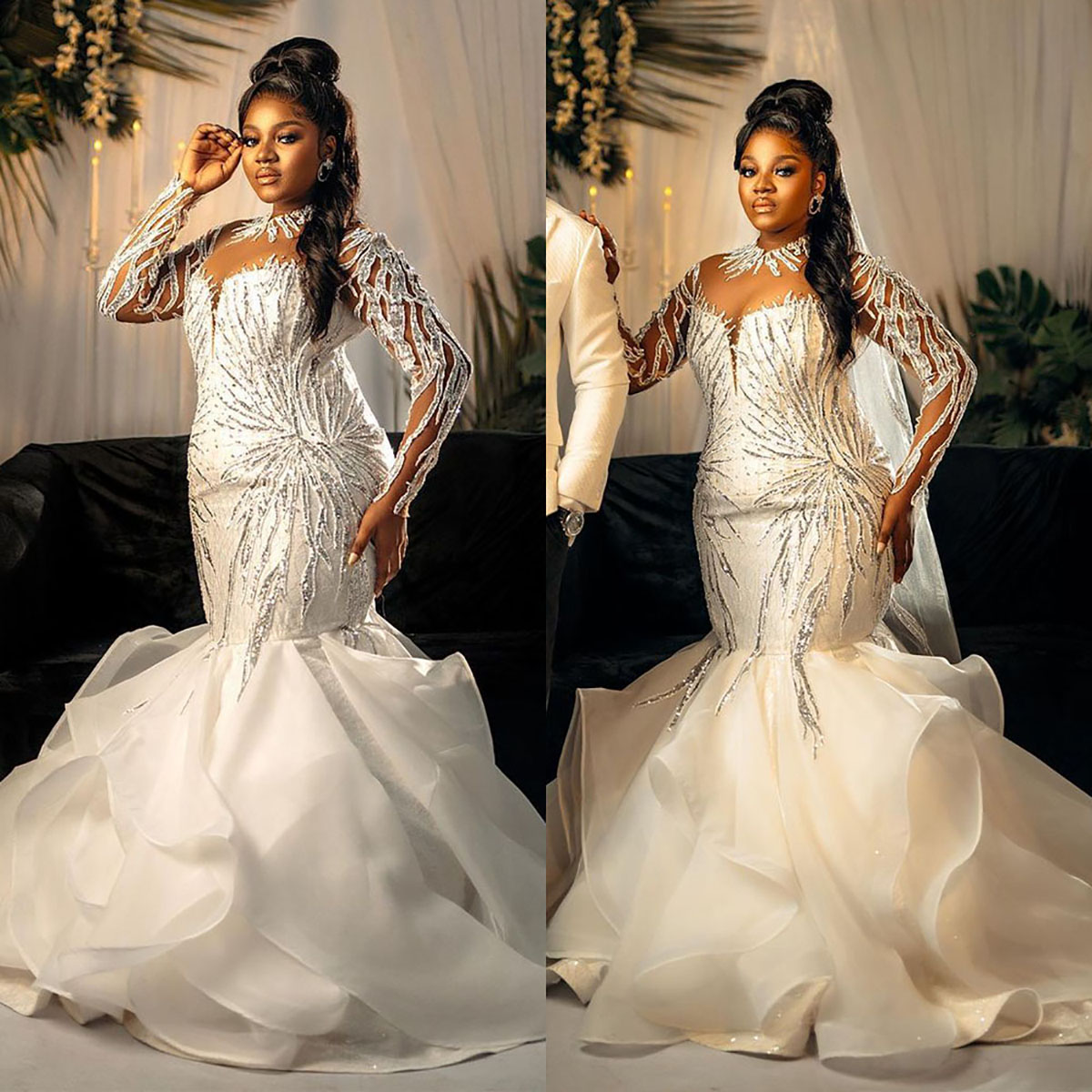 Plus Sexy Customized Size Mermaid Wedding Dress Sier Sequins Long Sleeve Bride Dresses Robe De Mariee Bridal Gowns Es 0914