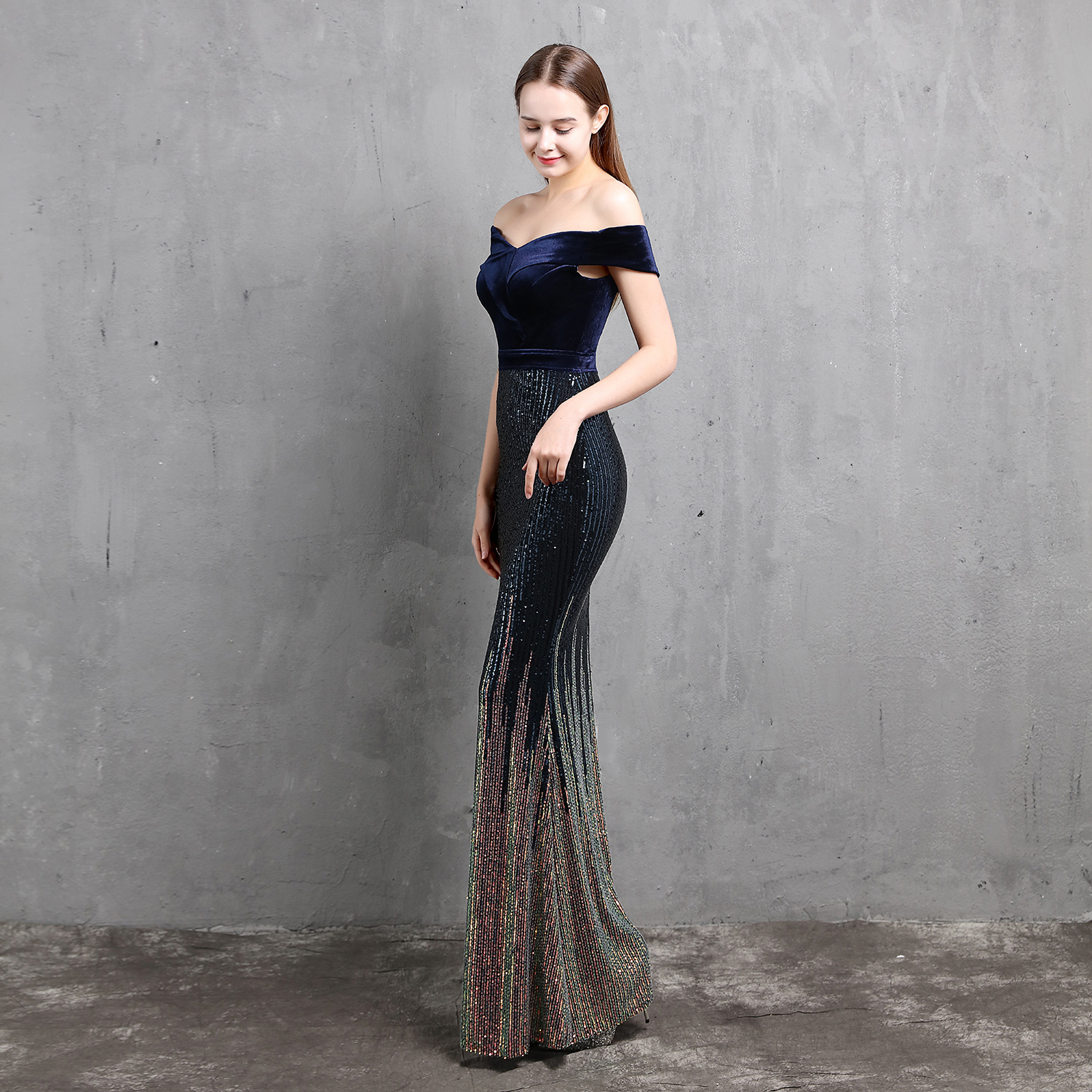 Elegant Mermaid Velvet Evening Dress 2022 Off The Shoulder Colorful Sequin Long Prom Dresses Plus Size Formal Sparkly Women Party Gown Vestidos De Fie