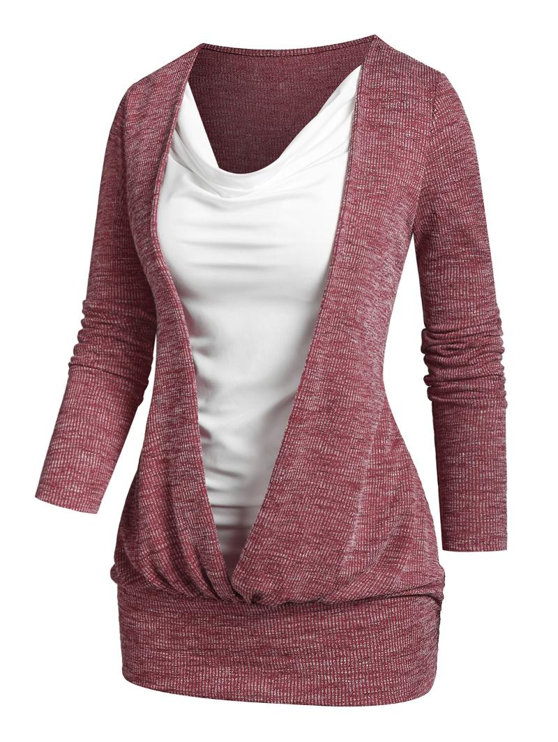 

Women's T-Shirt Cowl Neck Faux Twinset Sweater Women Pullover 2 In 1 T-Shirts, Deep red