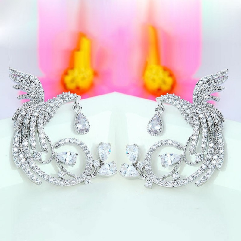 Bling Colorful Zircon Chinese Phoenix Dangle Drop Earrings Wedding Earrings for Women Gril Gift