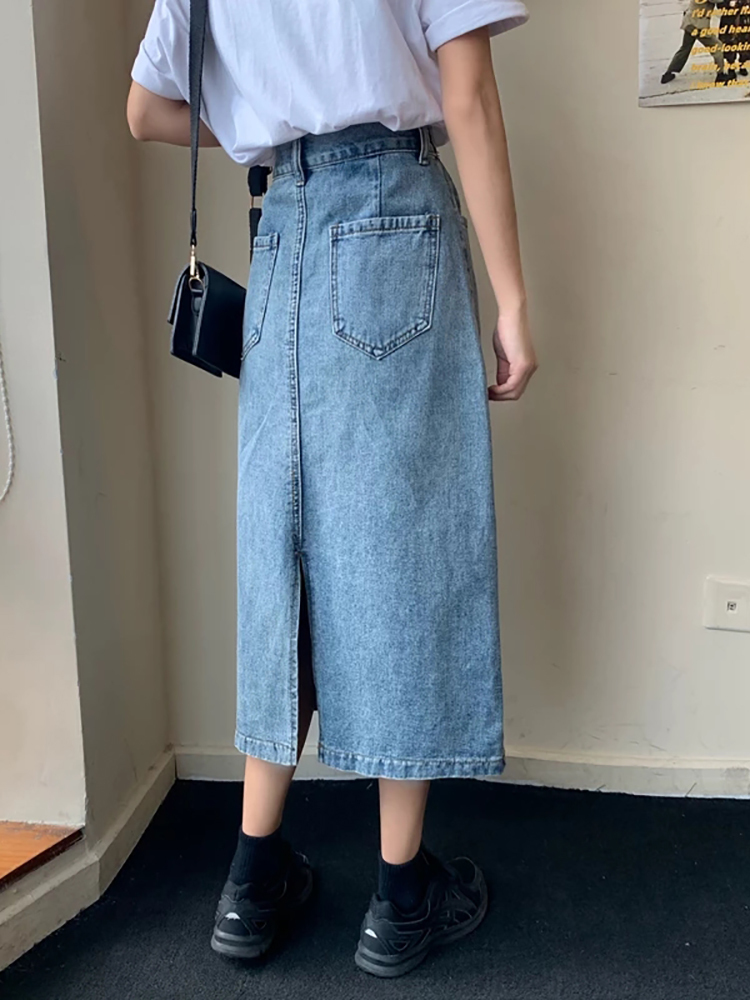 Luck A Fashion Retro Long Summer Spring Denim Skirts Girls High Waist Button Pockets Split Jeans Straight Maxi 220317