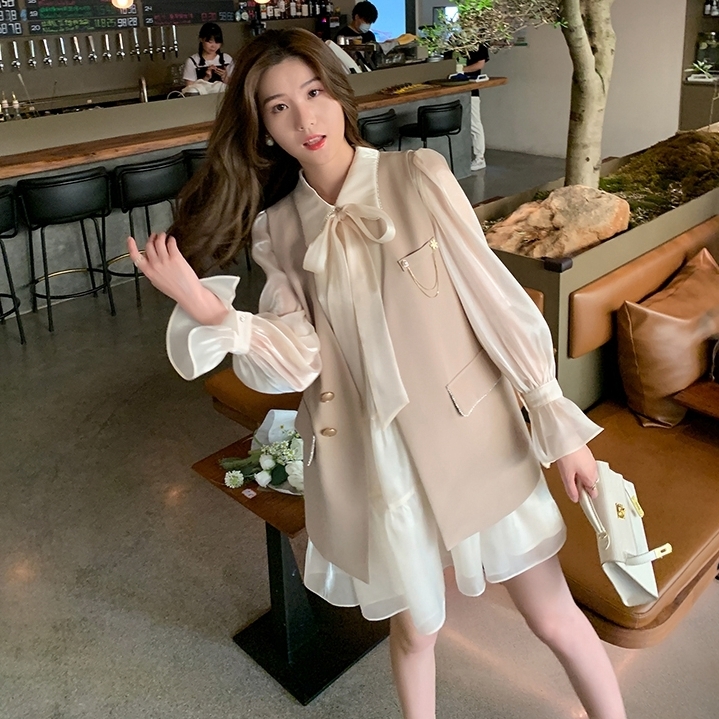 Vintage Maxi Dresses for Women Party Belt Bow Peter Pan Collar Office Lady French Flare Sleeve Woman Dress Vest Suit Autumn 220427