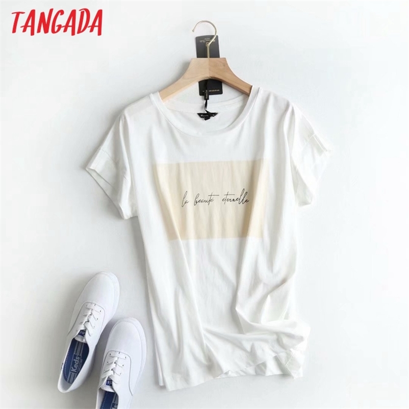 Tangada women print white cotton T shirt short sleeve O neck tees ladies casual tee street wear top 6D1 220714