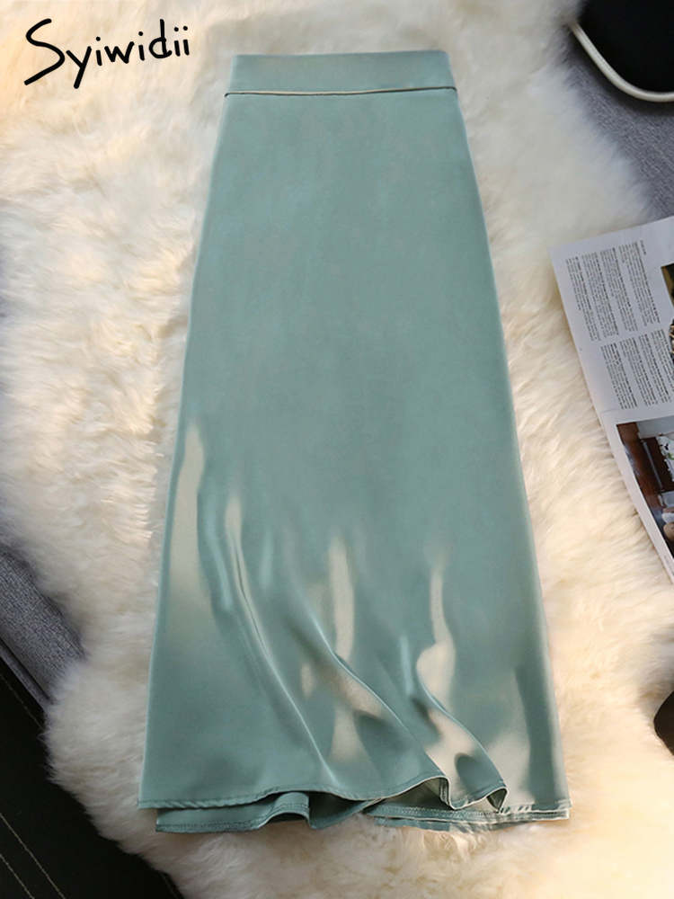 Syiwidii Silk Satin Long Skirts for Women 4 Seasons Elegant Female Midi A Line Skirt Side Zipper Back Elastic Band Fashion Skirt 220701