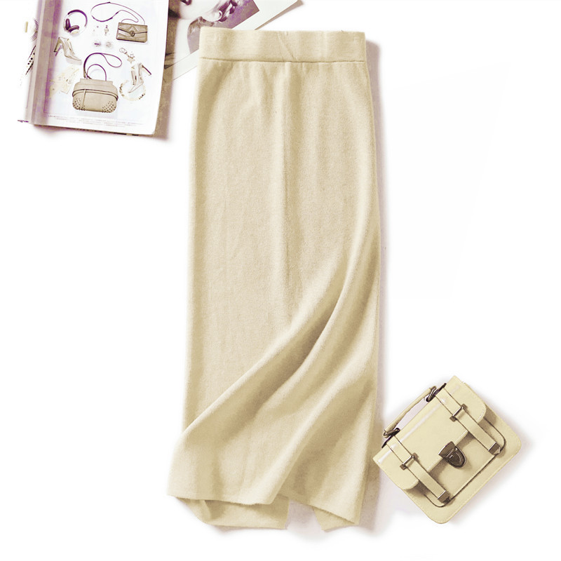 HLBCBG knee-length autumn winter women mink cashmere pencil skirt female thick midi sweater sexy split back bodycon 220317