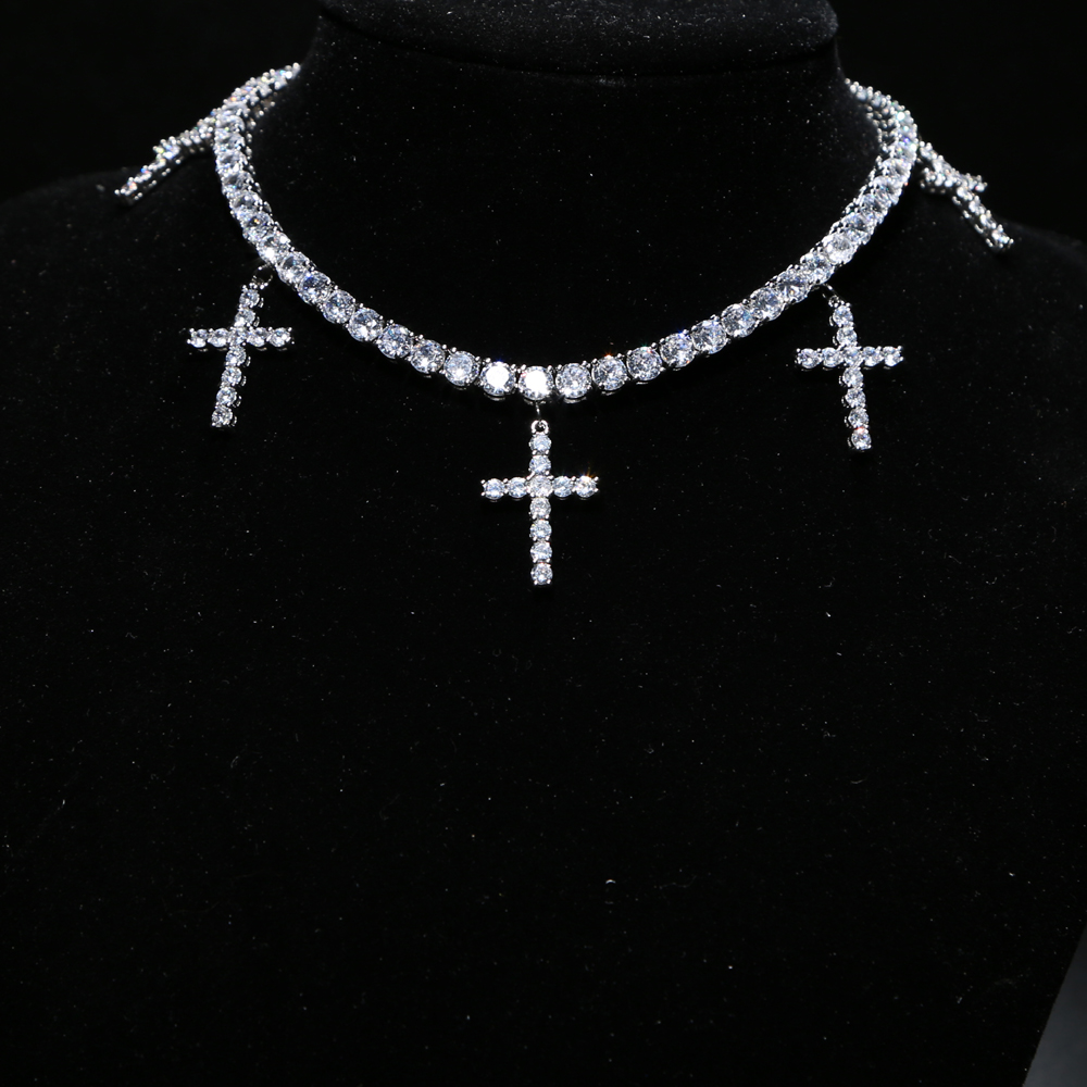 drop ship Women Hip Hop Iced Out Cross charm Pendant cz paved Tennis Chain choker Pendant&Necklace for women wedding Jewelry 7479