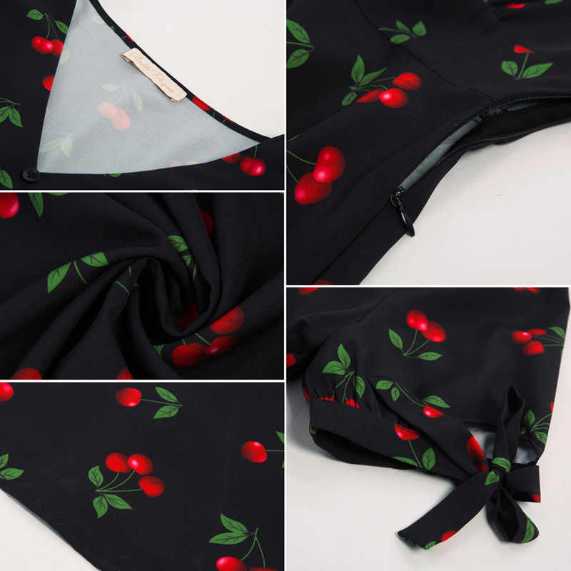 Belle Poque Women's Summer Floral Cherry Print A Line Short Midi Dress Sleeve V-Neck Flared A-Line Sundress A30 220504