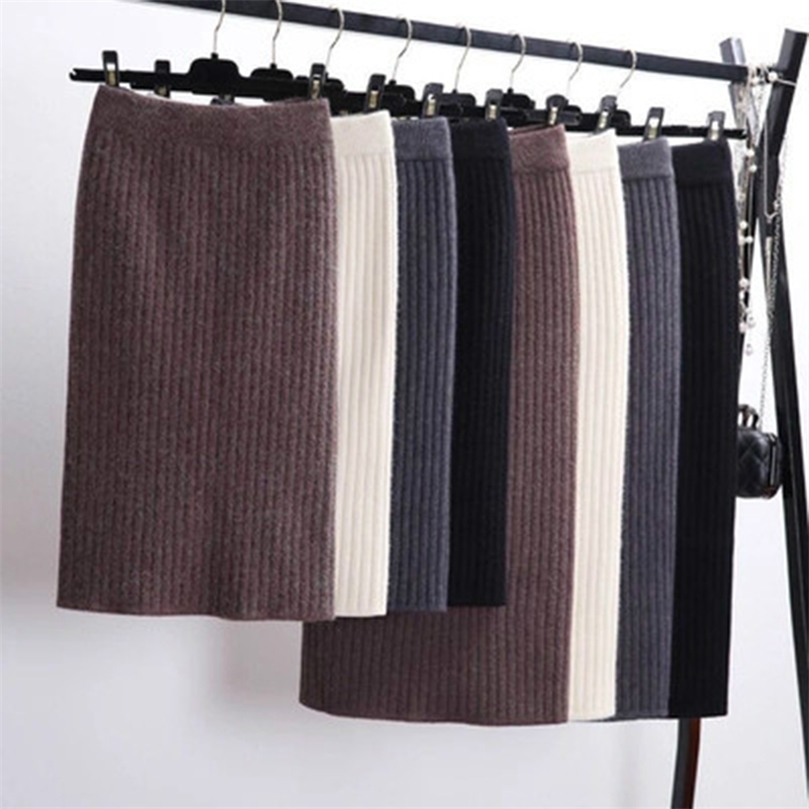 Women's Knit Straight Skirt With Slit High Waist Long Pencil Korean Style Beige Black Green Purple Tube 220317