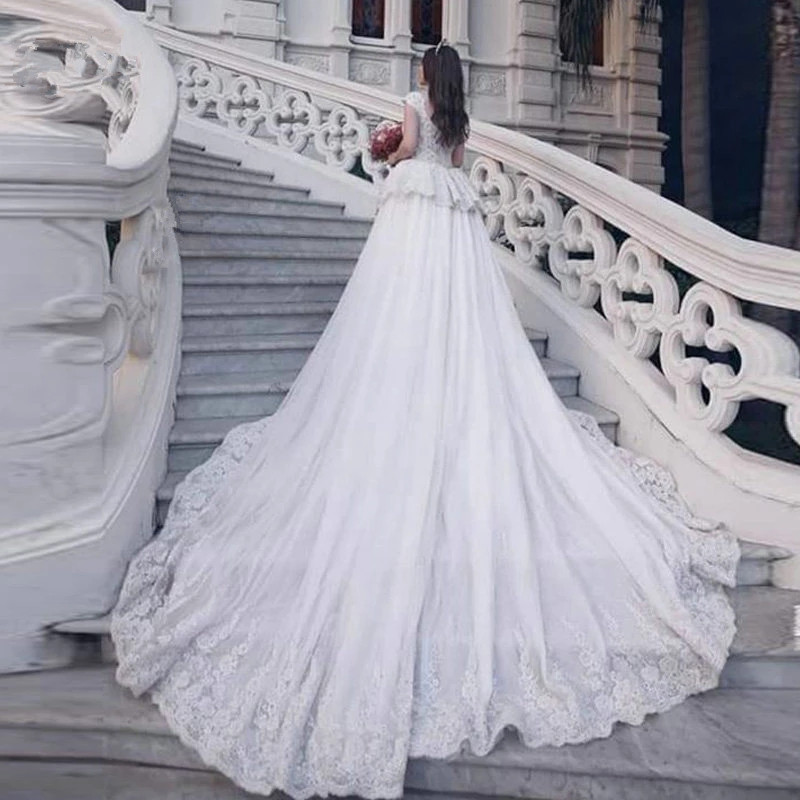 Modest Sweep Train Dubai Arabic Long Mermaid Wedding Dresses Cap Sleeve Appliques Lace Ruffles Bridal Gowns robe de mariée
