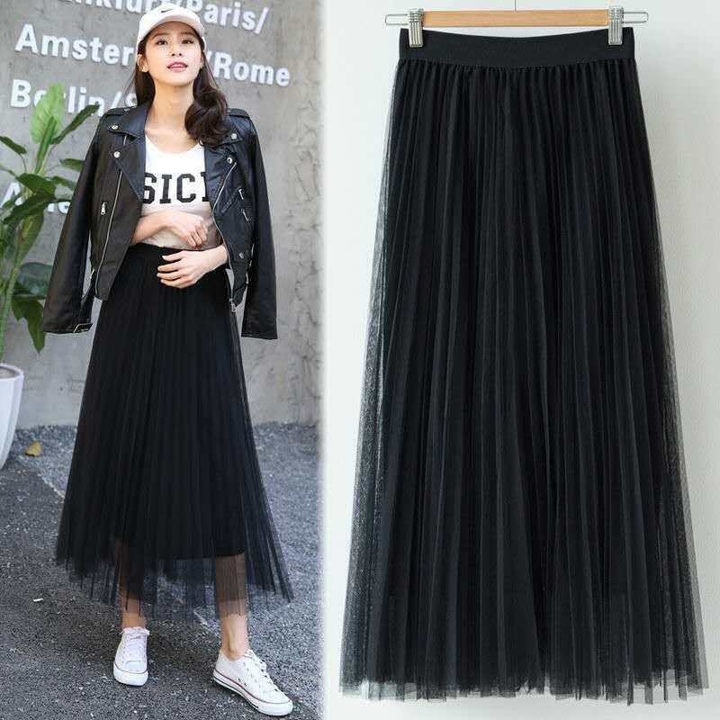 Tulle Skirts Summer Long Maxi Female Elastic High Waist Pleated Tutu Sun Black Gray Pink 220322