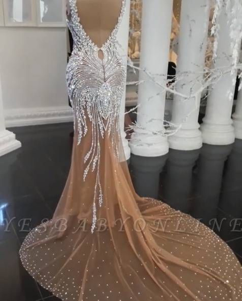 Champagne Mermaid Evening Dresses 2022 Yousef Aljasmi Sparkly Crystal See Through V-neck Prom Gown beaded robe soiree