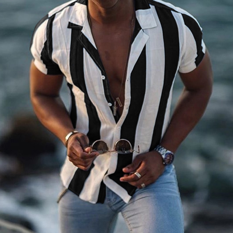Streetwear Casual Striped Printed Short Sleeve Shirts For Men Summer Fashion Buttoned Tops Men's Turn-down Collar Shirt 220322
