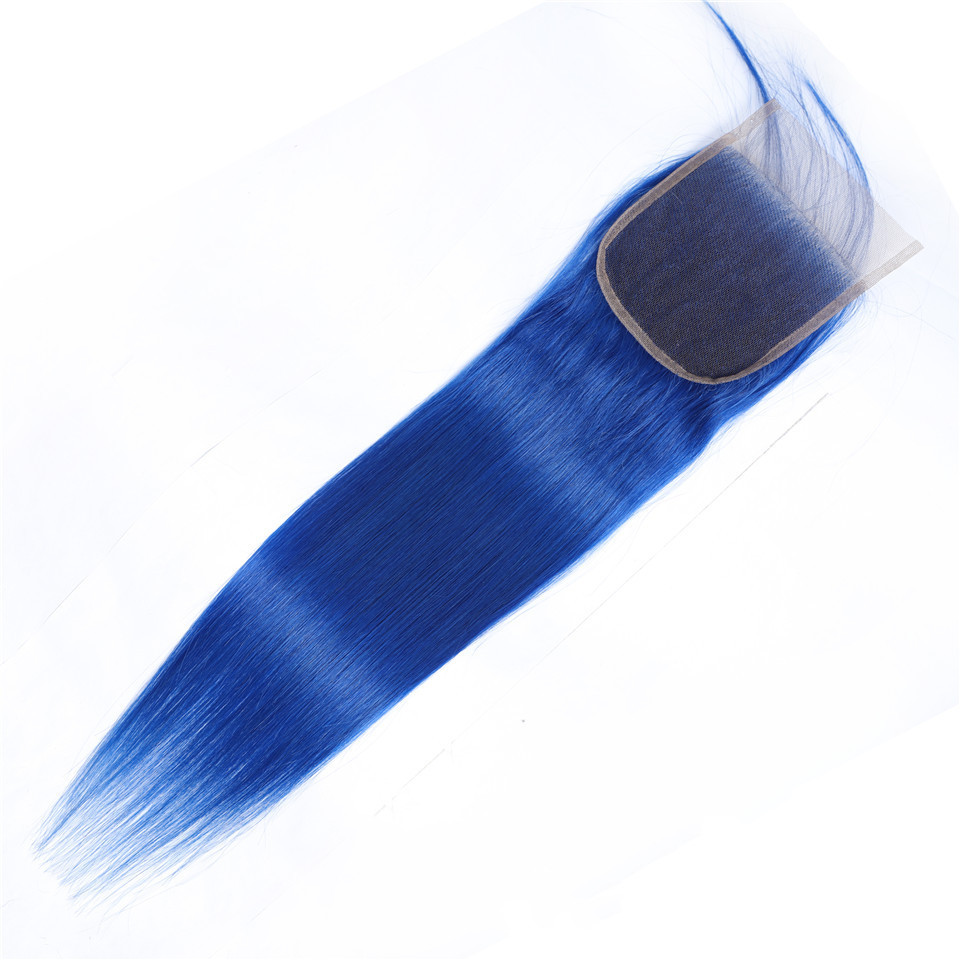 4x4 Transparent Lace Closure Only Colored Blue Human Hair Pre-plucked Brazilian Body Wave Remy Hair