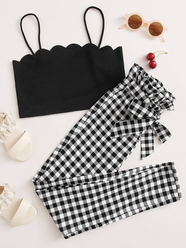 Girls Scallop Trim Cami Top & Paperbag Waist Belted Gingham Pants Set SHE, Black and white
Girls Scallop Trim Cami Top & Paperbag Waist Belted Gingham Pants Set SHE, Black and white