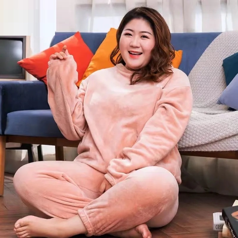 Size 10XL 140kg Winter Warm Coral Fleece Pajamas Sets Long Sleeve Top and Pants Sleepwear Suit Home Women Female 220329