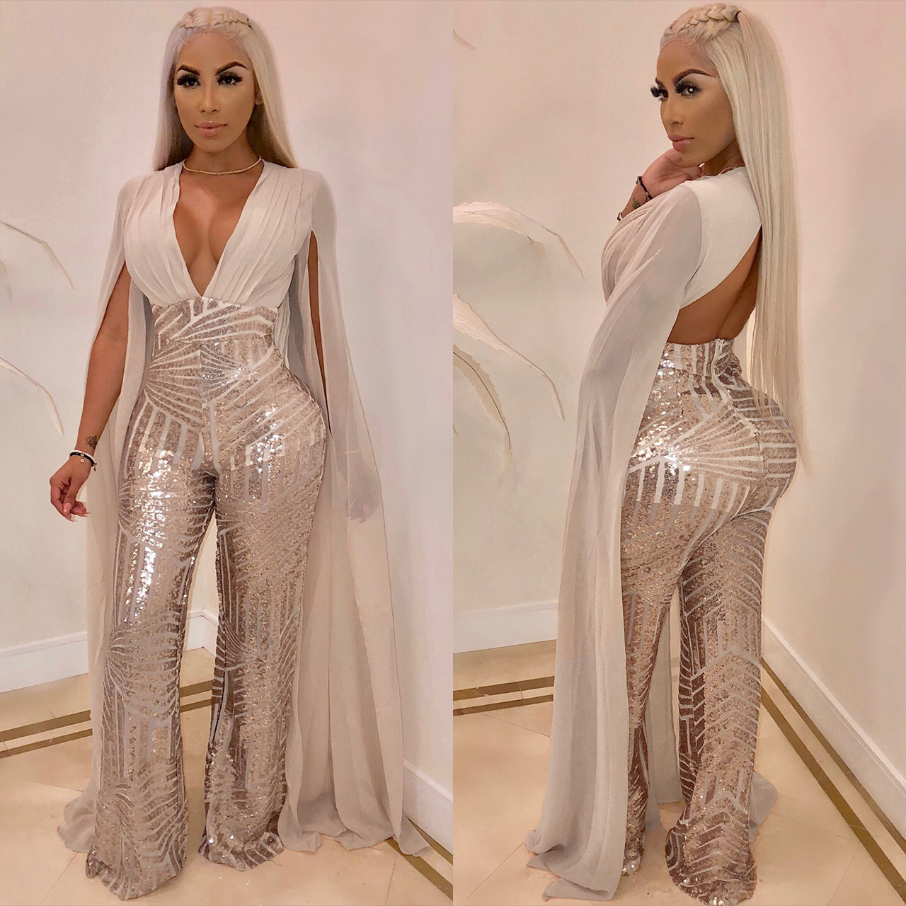 Bling Sequin Jumpsuit Evening Dress Africa 2022 Sexy Open Back Plus Size Prom Dress Black Girls V Neck Formal Caftan Vestidos De Noche Robes Soiree Ab