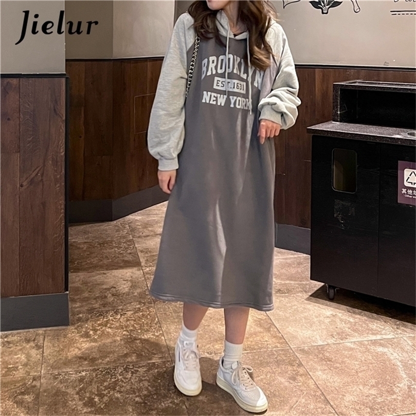 

Jielur Retro patchworkowa bluza damska list drukuj bluzy z kapturem kobieta szary moda z pulower z kapturem 220811, Dark grey