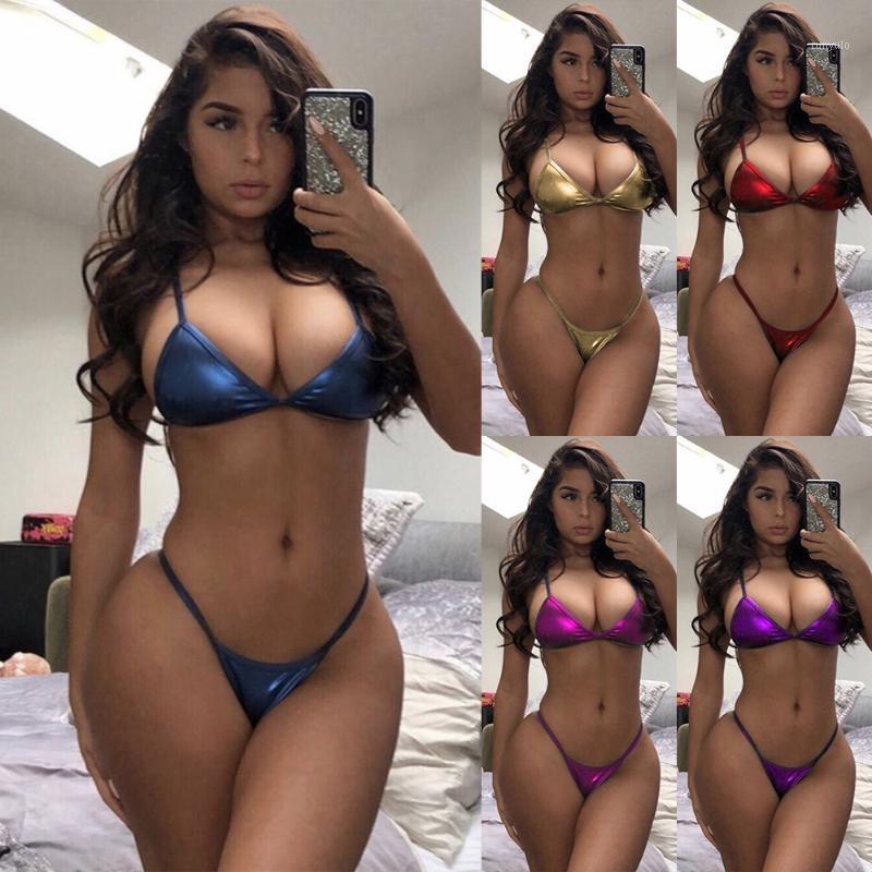Sexy Three-point Bikini Patent Leather Suit Women' Swimwear, Blue