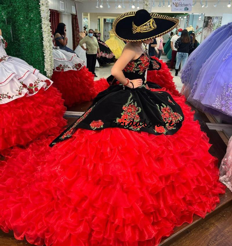 Black And Red Mexican Sweet 15 Quinceanera Dresses Charro Floral Applique Ruffles Sweetheart Embroidery Vestidos De 15 Años 2022 Elegant Sweet 16 Brit