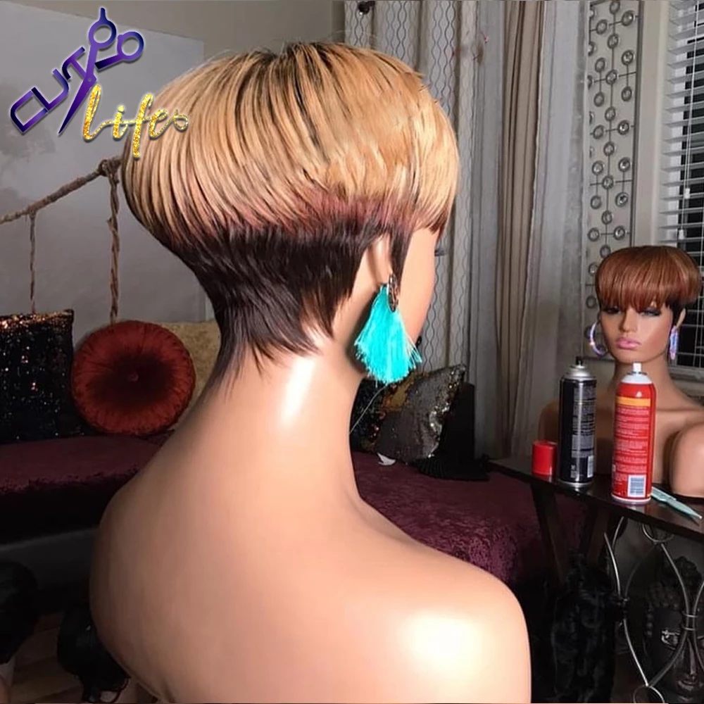 Short Pixie Straight Bob T1B/33/27 Human Hair Wig Ombre Brown No Lace Wigs With Bangs Brazilian Remy Hair For Black Women