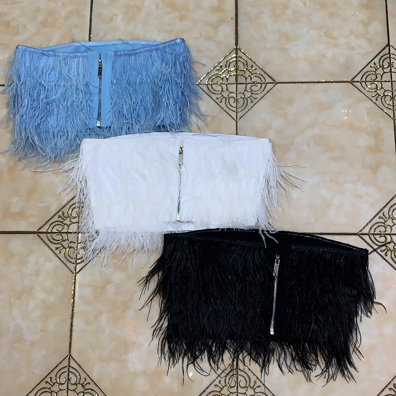 Fashion Feather Tank Tops Tube Ladies Chic Sexy Strapless Sleeveless Celebrity Party Club Bandage Crop High Quality 220316