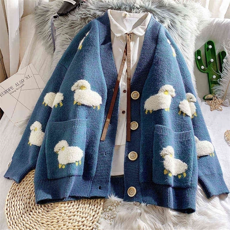 Autumn Winter Knitted Female Cardigan Loose Streetwear Knit Sweater Coat Cute Cartoon Print V Neck knitted cardigan Women Jacket 211109
Autumn Winter Knitted Female Cardigan Loose Streetwear Knit Sweater Coat Cute Cartoon Print V Neck knitted cardigan Women Jacket 211109