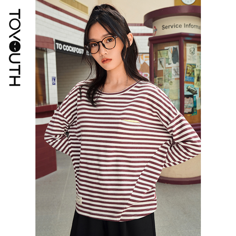 Toyouth Women T-shirts Spring Autumn Long Sleeve Round Neck Tees Stitching Stripes Letters Fish Print Mock Two Piece Chic Tops 220321
