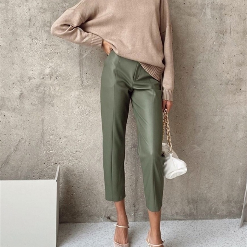 WOTWOY Elegant Spliced PU Leather Pant High Waist Office Lady Fomal Trousers Female Black Straight with Pockets 220325