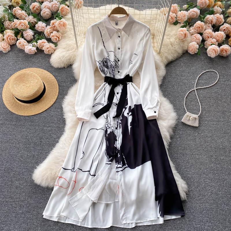 Casual Dresses Design Print Women Dress Turndown-Collar Single Breasted Sashes A-line Autumn Elegant French Long, White
Casual Dresses Design Print Women Dress Turndown-Collar Single Breasted Sashes A-line Autumn Elegant French Long, White
