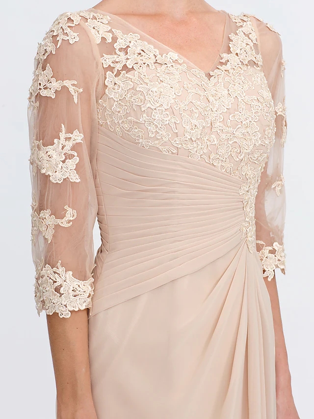 Champagne A-Line Mother of the Bride Dress 2025 Elegant V Neck Floor Length Chiffon Sheer Lace Half Sleeve Wedding Party Gowns