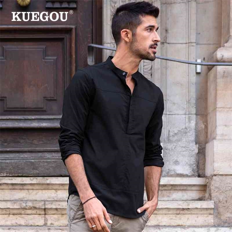 KUEGOU Blended Cotton Solid Color Spring Summer Man Shirt Long Sleeve Half Cardigan Fashion Shirts Men Top Plus Size Bc-201 210331