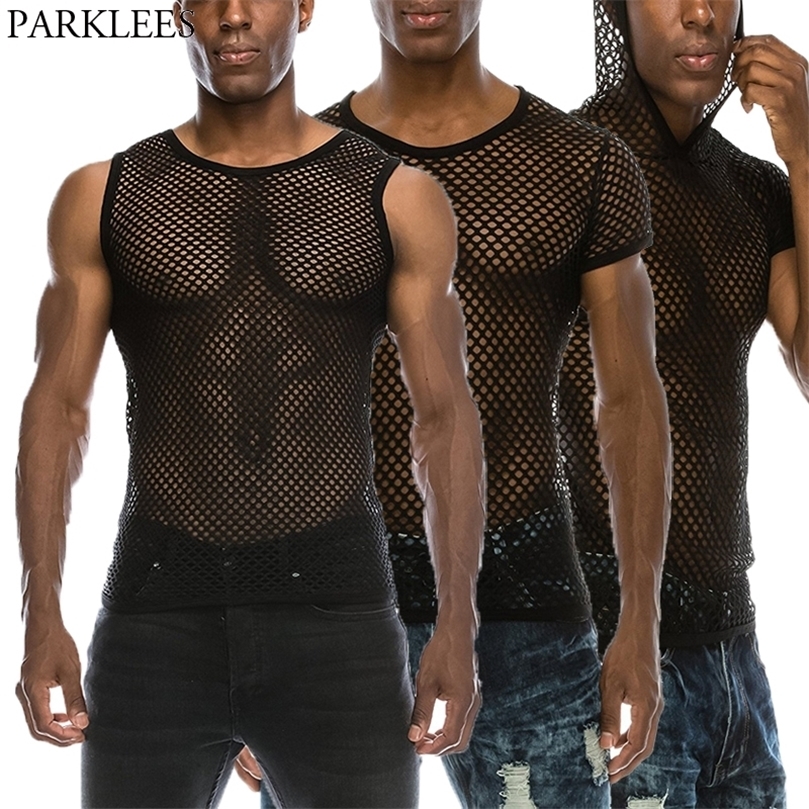 Mens See Through Black Mesh Fishnet Tanks Top Sexy Perspective Sleeveless Fitted Muscle Top Male Bodybuilding Top Tees 210308