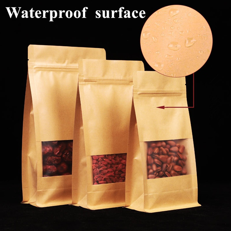 100pcs 3D Thick Stand up Kraft Paper Window Packaging Bag Resealable Coffee Beans Seeds Snack Tea Cereals Powder Wedding Party Gifts Heat Sealing Stor