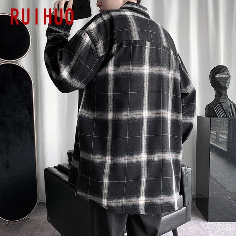 RUIHUO Plaid Shirts For Men Clothing Fashion Long Sleeve Shirt Harajuku s Casual Slim Fit M-3XL 220322