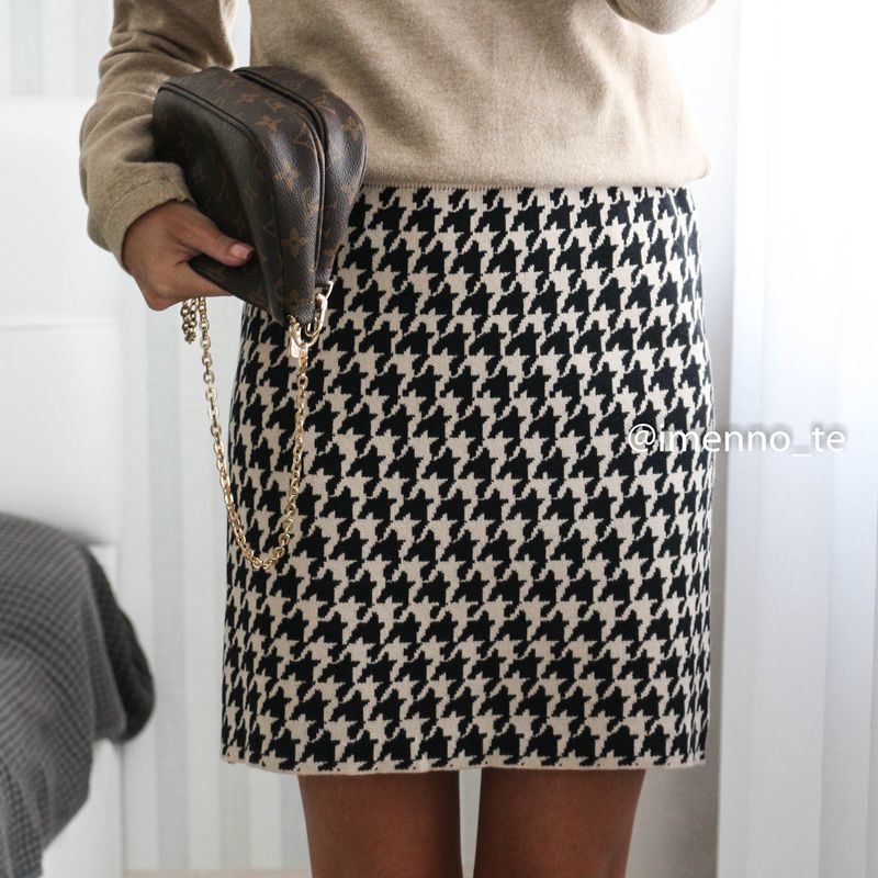 GIGOGOU Houndstooth Elastic Band Women Skirts Autumn Winter Warm Knitted Pencil Bodycon Ribbed Midi Sweater Split Up 220317