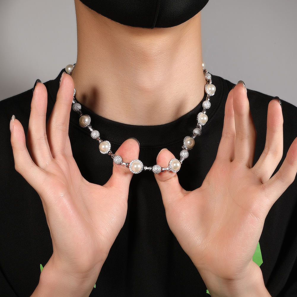 Hip Hop Pearl Necklaces Bling Diamond Stone Men's Personality Trend Retro Stacked Chain Sweater Accessories
