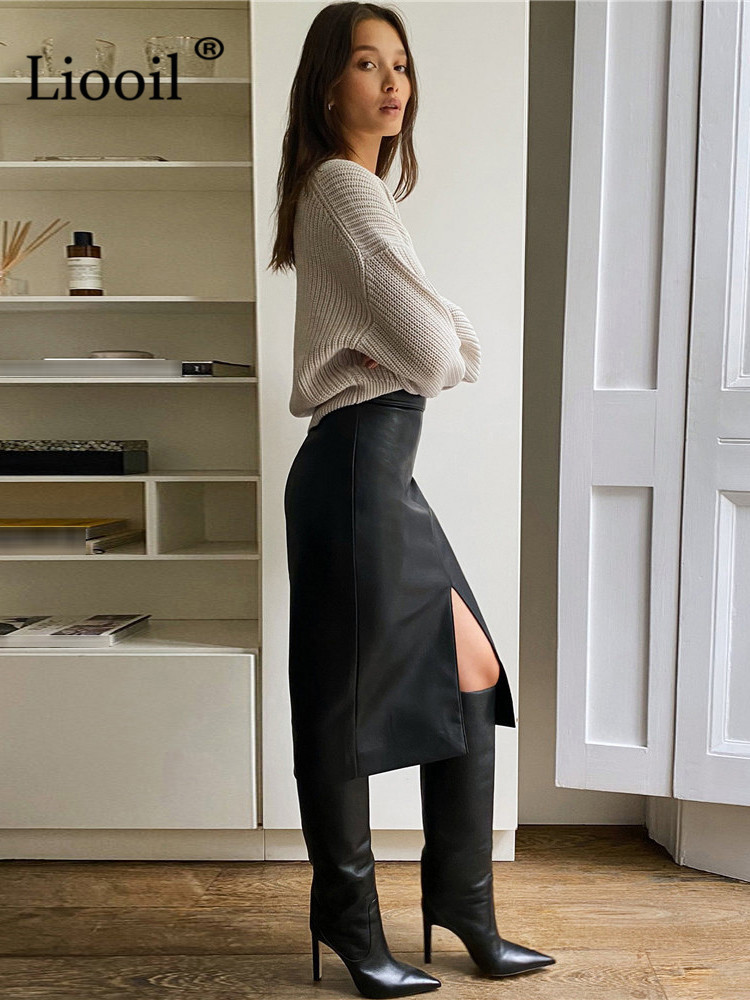 Women Faux Leather Slit Pencil Office Skirt Autumn Spring Streetwear High Waist Black Brown Sexy Bodycon Midi Skirts 220322