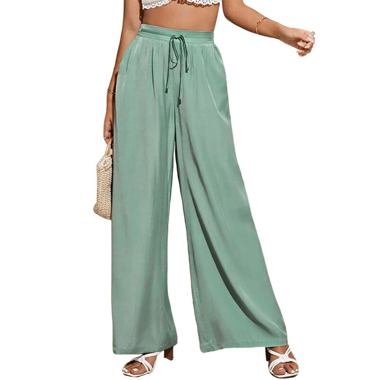 pants European and American summer new women's high waist casual trousers solid color elastic waist tie loose wide leg women