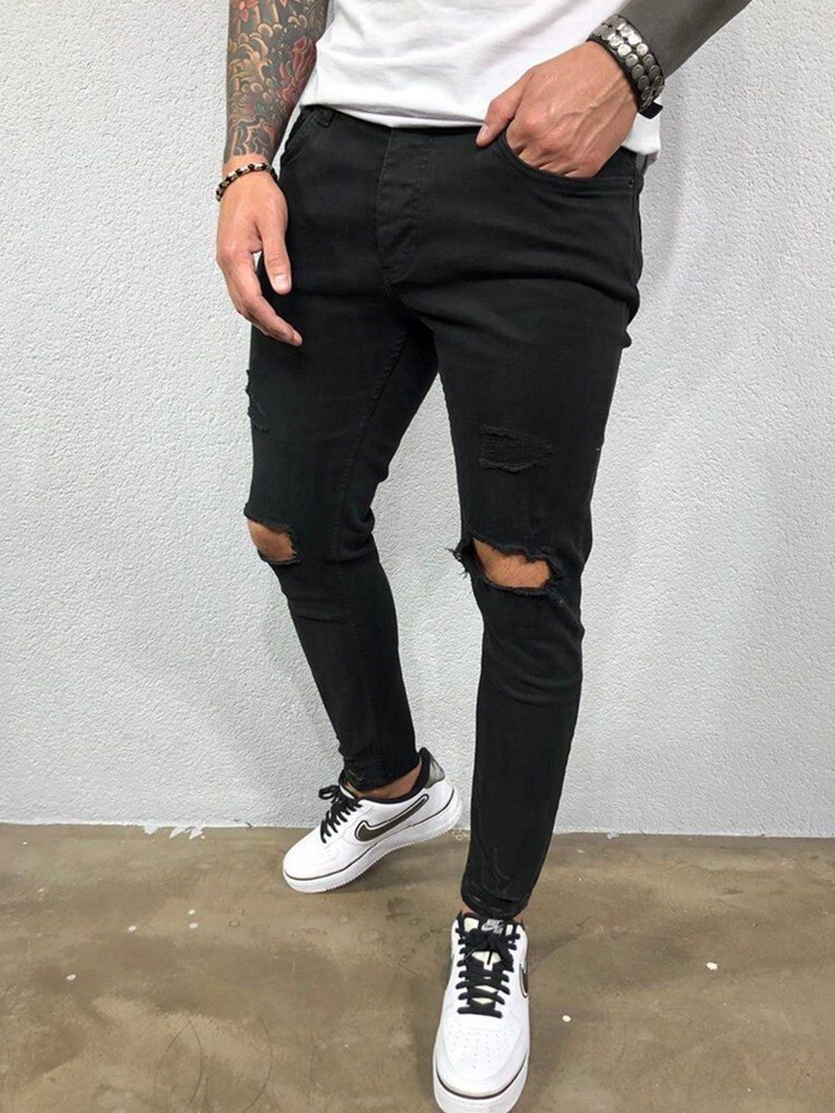 Men Jeans Black Blue Cool Skinny Knee Hole Ripped Stretch Slim Elastic Denim Pants Solid Color High Street Style Trousers Man 220408