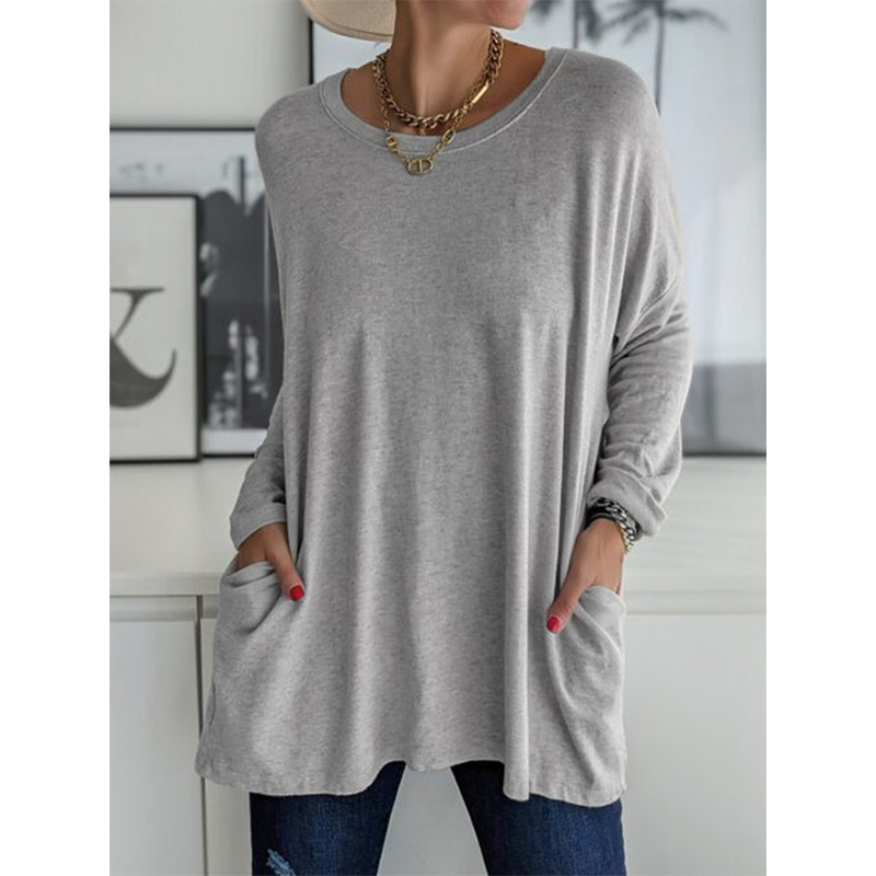 Solid Color Vintage Pocket Oversized T-shirt Female Clothing Fashion Autumn Tunic Basic Y2k Top Women Long Sleeve T Shirt 220328