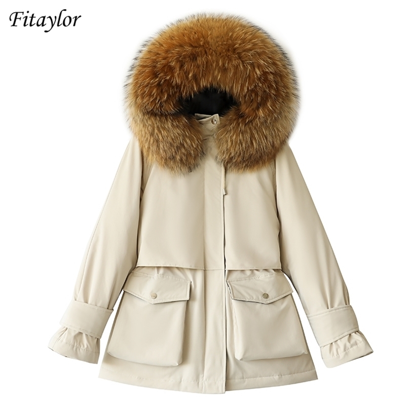 Fitaylor Winter Large Natural Fur Hooded Down Jacket Women Thick Warm Snow Beige Outerwear White Duck Down Coat Adjustable Waist 201128, Beige no fur collar
Fitaylor Winter Large Natural Fur Hooded Down Jacket Women Thick Warm Snow Beige Outerwear White Duck Down Coat Adjustable Waist 201128, Beige no fur collar