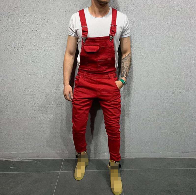Men Black Jeans Jumpsuits Spring Autumn Casual Skinny Sleeveless Red Denim Overalls Male Slim Green Suspender Pants Streetwear