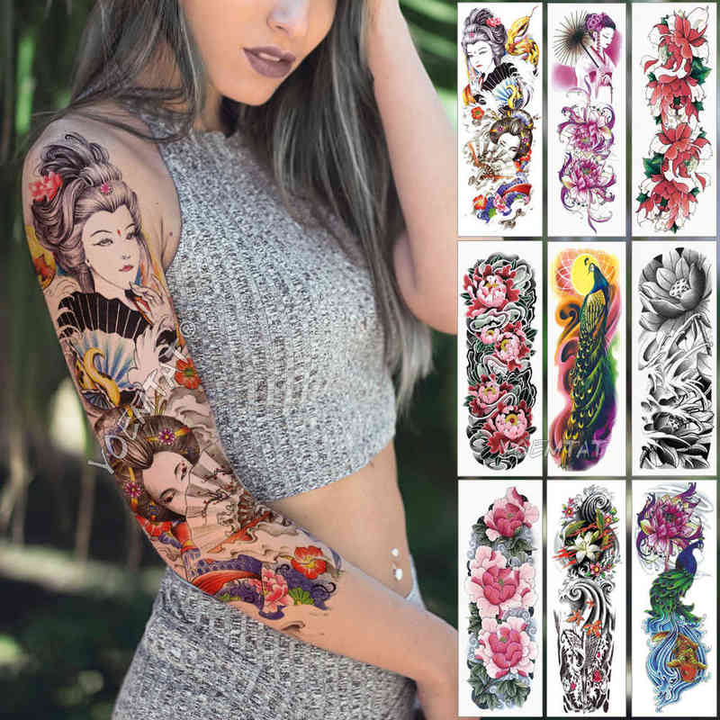 NXY Temporary Tattoo Large Arm Sleeve Japanese Geisha Snake Waterproof Tatto Sticker Lotus Peacock Girl Tatoo Body Art Women 0330
