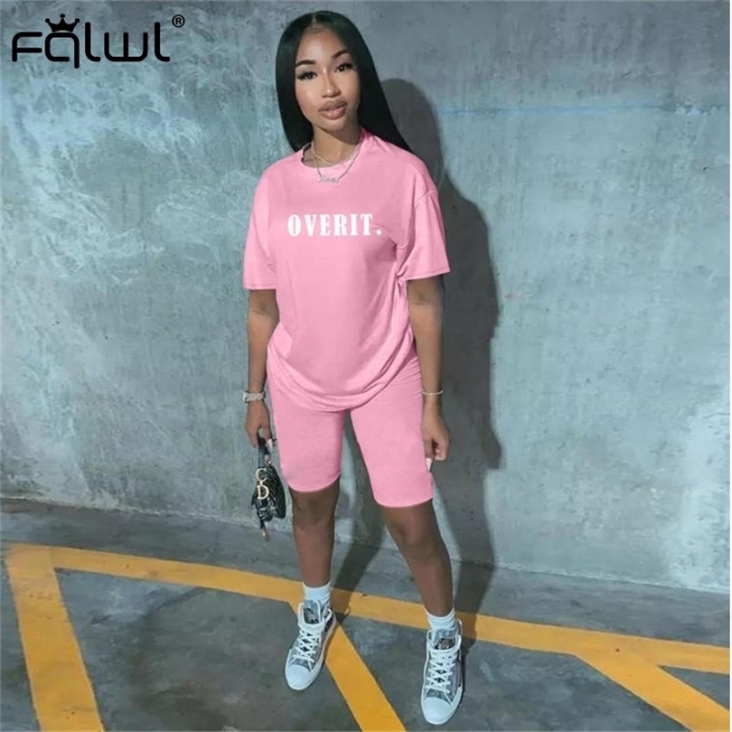 FQLWL Pink White Two 2 Piece Set Women Biker Shorts Set Summer Outfit Overit T Shirt Women Ladies Tracksuits Female Matching Set T200622