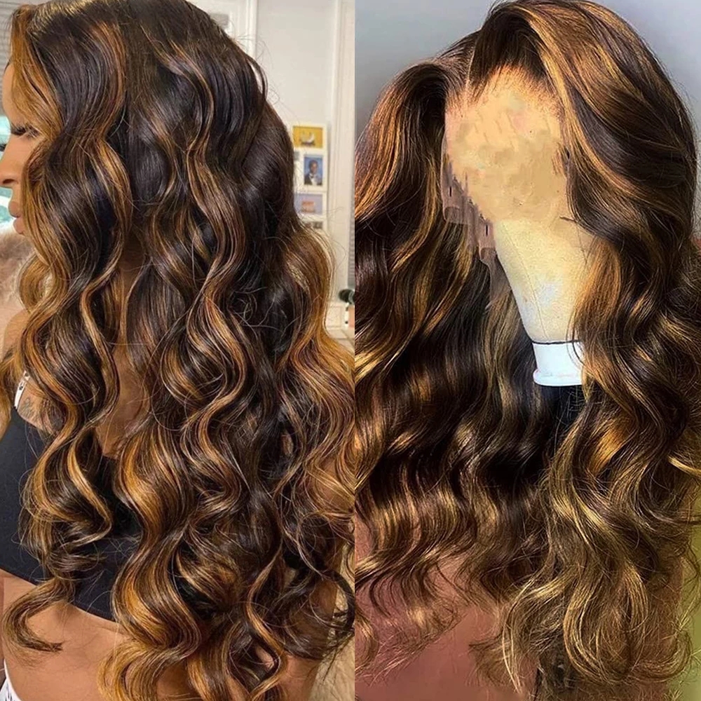 HD Highlight Wig Human Hair Brazilian Glueless Wig Brown Honey Blonde Colored braided full Wigs for Women Ombre Body Wave Lace Front 150% density