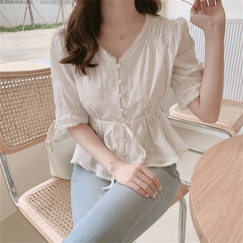 new Embroidery Shirt Summer White Blouses Tops femme Casual Women half sleeve Girls Blouse Linen Cotton Lace up Plus Size T200502