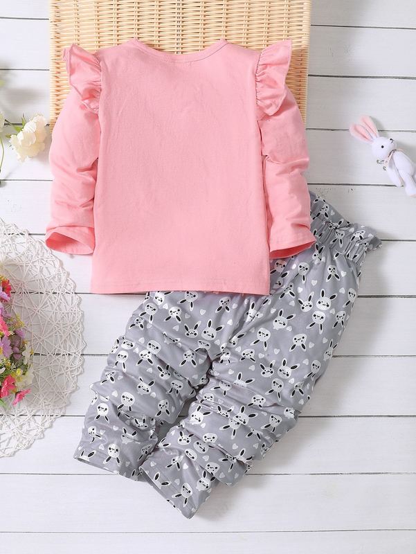 Toddler Girls Bow Front Rabbit Print Tee With Paperbag Pants SHE